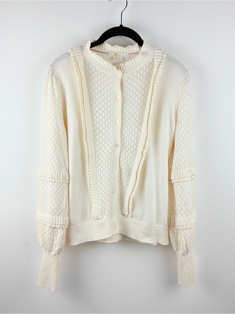 Boden Women Ivory Pointelle Frill Cardigan Sweater Dainty Delicate Ruffle Medium